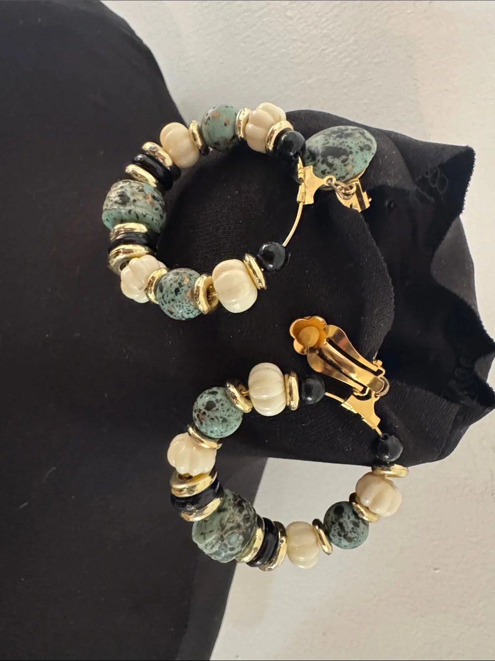 Vintage Gold Hoop Earrings with Speckled Green and Cream Beads
